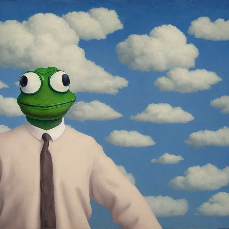 Image similar to cloud - man but pepe the frog, by rene magritte, centered, detailed painting, hd, hq, high resolution, high detail, 4 k, 8 k