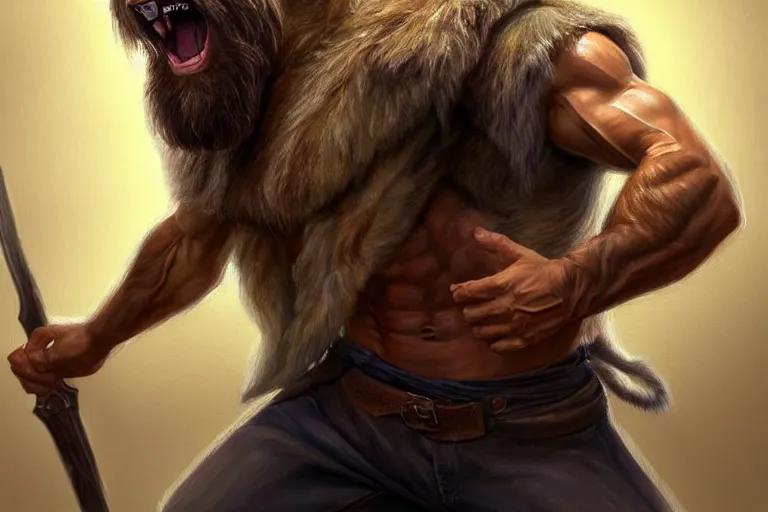 Prompt: painterly full body portrait of a gruff biblical ranger with a wolf, lean and toned, handsome face, hairy chest and hairy body, D&D, intricate, elegant, highly detailed, digital painting, artstation, concept art, matte, sharp focus, chiaroscuro, well lit, illustration, art by Artgerm and Greg Rutkowski and Alphonse Mucha