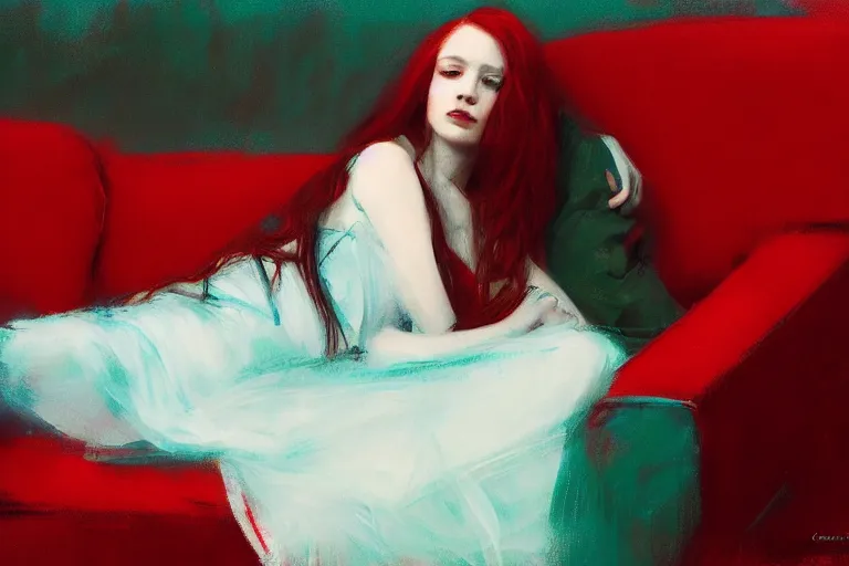 Prompt: girl, long red hair, white dress, on a red sofa, blue green colorscheme, desaturated colors, cinematic, jeremy lipking, casey baugh