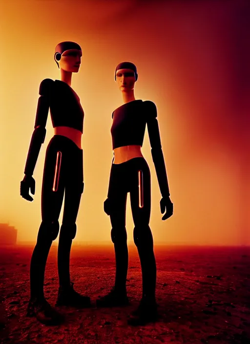 Image similar to cinestill 5 0 d photographic portrait by steve mccurry of two loving female androids wearing rugged black mesh techwear on a desolate plain with a red sky, extreme closeup, cyberpunk style, dust storm, 8 k, hd, high resolution, 3 5 mm, f / 3 2, ultra realistic faces, ex machina, blade runner