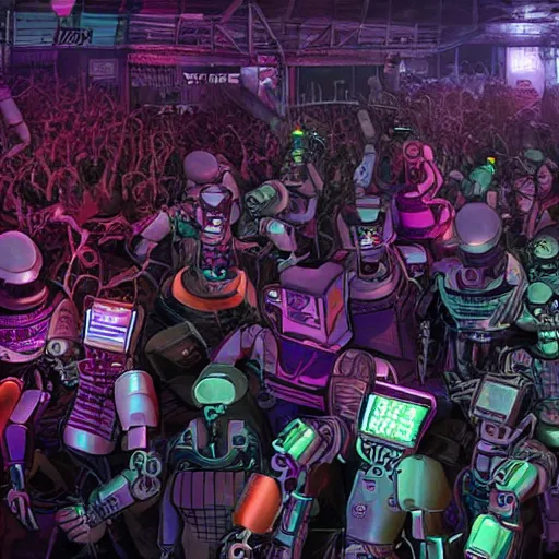 Image similar to a moshpit full of cyberpunk robots