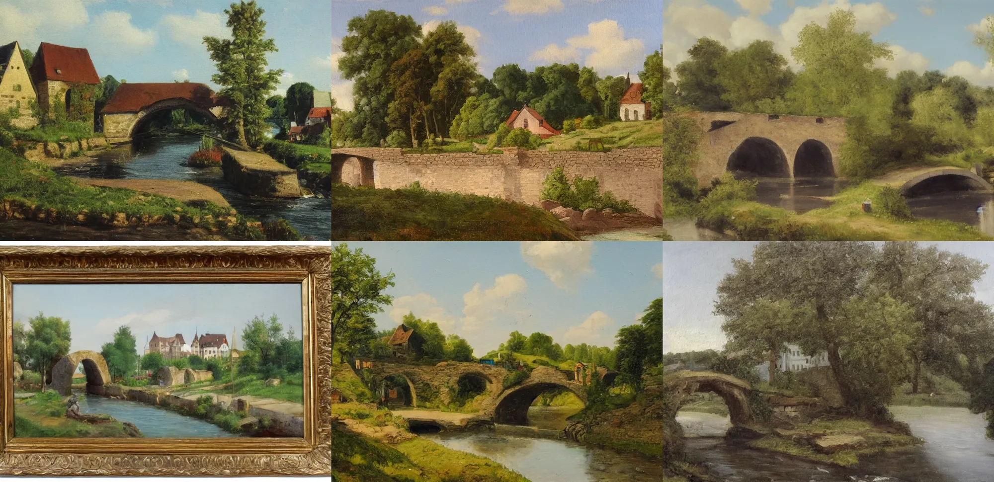 Prompt: A German town near a small river with a stone bridge going across it, view from the grassy bank on the other side of the river, oil painting by Günther Heinzel