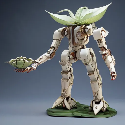 Image similar to futuristic nymphaea themed mecha waterlily upper body, sepals forming helmet, highly detailed, nymphaea, 8 k hd resolution, barbatos mech with floral inlay, bandai box art, star wars, makoto kobayashi, frank gehry, raymond swanland