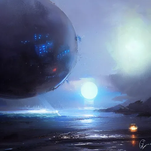 Prompt: A large sphere of blue energy, rain, by greg rutkowski