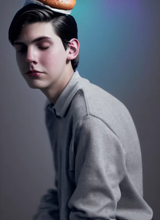 Image similar to portrait of teenage jughead jones wearing a light grey crown, crown, hamburger background, eyes closed, crown, black hair, intricate, elegant, glowing lights, warm lighting, highly detailed, digital painting, artstation, concept art, smooth, sharp focus, illustration, art by wlop, mars ravelo and greg rutkowski