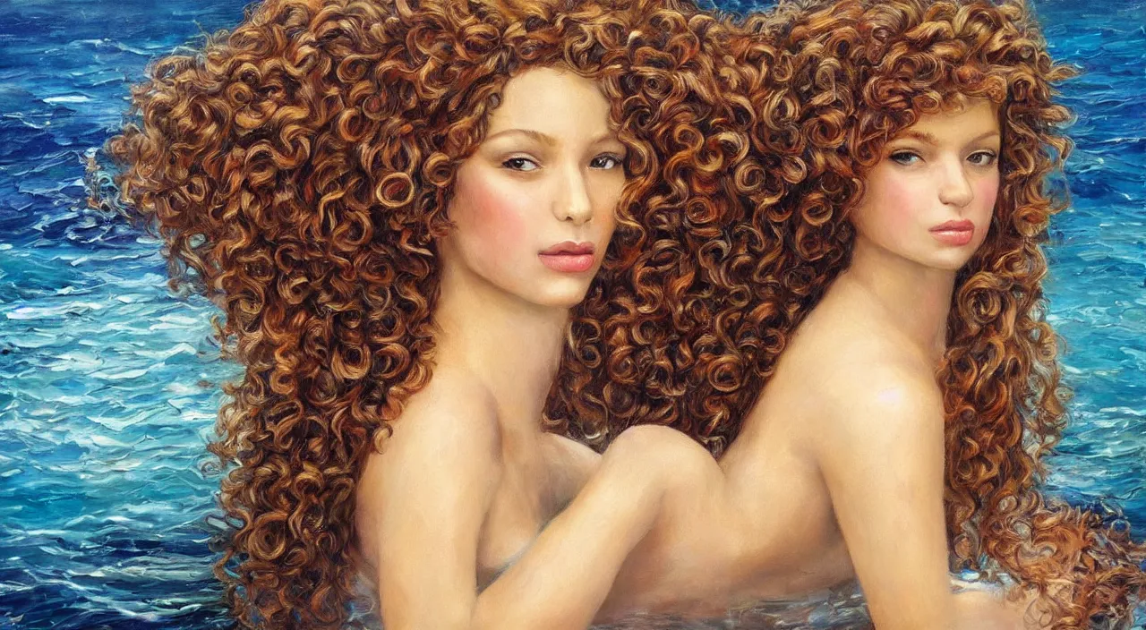 Image similar to real mermaid, oil painting, beautiful, curly hair, hd,