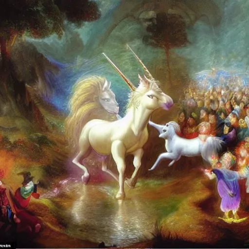 Prompt: The conceptual art features a pantomime unicorn onstage, surrounded by a group of children who are clapping and cheering. The unicorn is wearing a sparkly costume and has a long, flowing mane. Its horn is glittering and its eyes are wide open, as if it is enjoying the performance. by Thomas Moran flowing