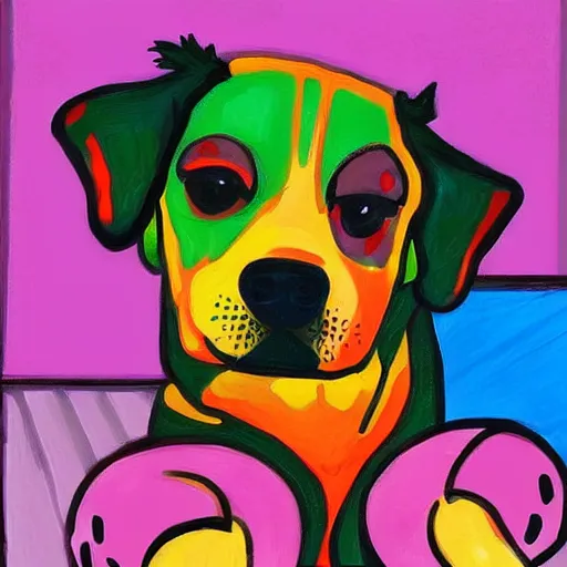 Prompt: a cute dog. the painting is very colorful and expressive, using a lot of black space which makes the characters and scenes pop out. unique way of using line work and color to create a sense of movement and energy. has a dreamlike quality and includes elements of nature.