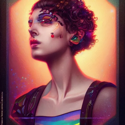 Image similar to Lofi vaporwave cyberpunk portrait beautiful woman with short brown curly hair, roman face, rainbow, Pixar style, Tristan Eaton, Stanley Artgerm, Tom Bagshaw