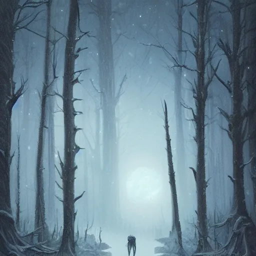 Image similar to cloaked humanoid wendigo feasting, nighttime located in a snowy dark forest, lurking horror, distant - mid shot, dungeons and dragons, magic the gathering, forboding, high detail, oil painting, style of seb mckinnon