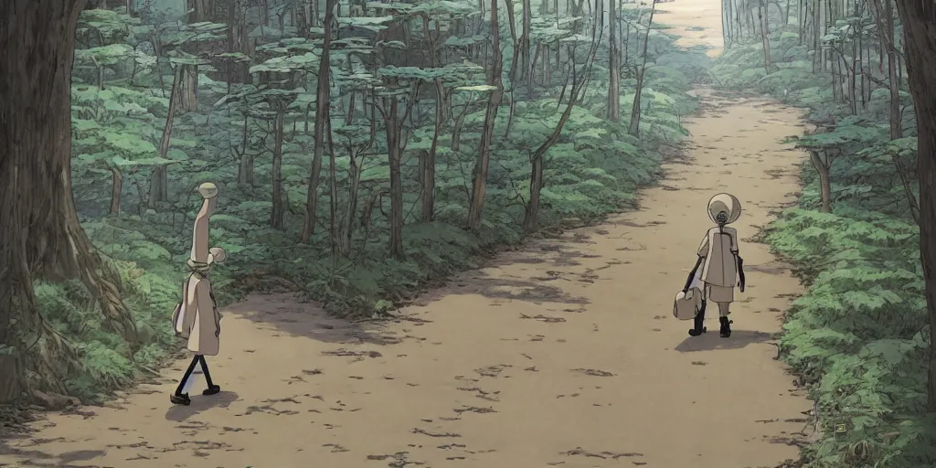 Prompt: A robotic pilgrim with very long legs walking along an empty path, anime style, art by Hayao Miyazaki, art by Studio Ghibli