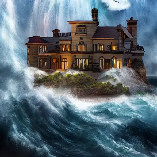 Prompt: a mansion perched on a cliff, large waves, violent storm rage in the background, trending on artstation