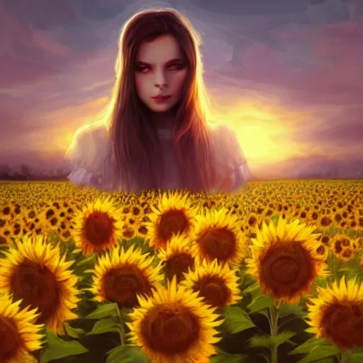 Image similar to Bedsheet Ghost in a field of sunflowers, sunset, highly detailed, digital painting, artstation, concept art, smooth, sharp focus, illustration, art by artgerm