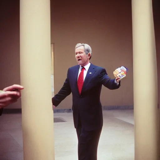 Image similar to George W. Bush sorrowfully beholds a single pretzel. Sincere regret, loss, disappointment, and shame. CineStill.