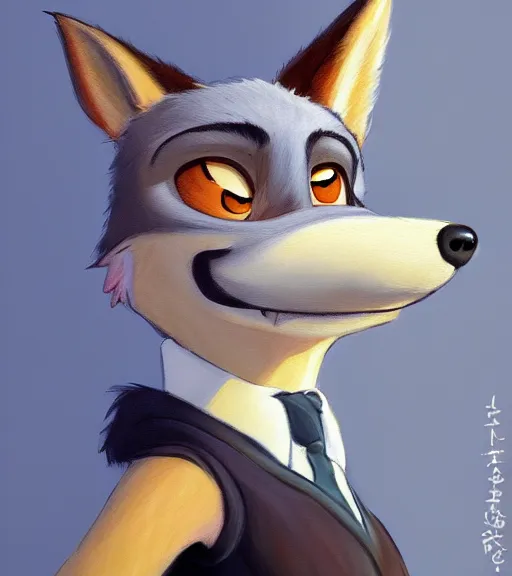 Prompt: full body oil painting of anthromorphic furry female wolf, in style of zootopia, female fursona, furry, furaffinity, 4 k, deviantart, furry art, fursona art, wearing black business suit, business suit, wolf fursona, expressive feminine face, female,