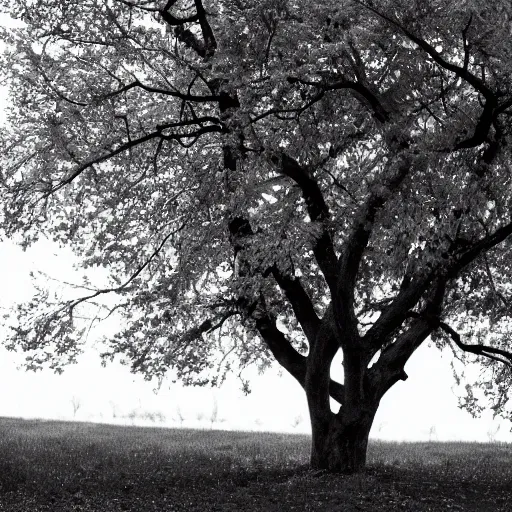 Image similar to a black and white photograph of a tree with blue leaves growing on it.