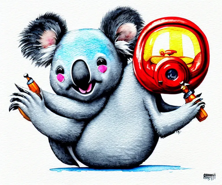 Image similar to cute and funny, koala wearing a helmet riding in a hot rod with an oversize engine, ratfink style by ed roth, centered award winning watercolor pen illustration, isometric illustration by chihiro iwasaki, edited by range murata, tiny details by artgerm and watercolor girl, symmetrically isometrically centered, sharply focused