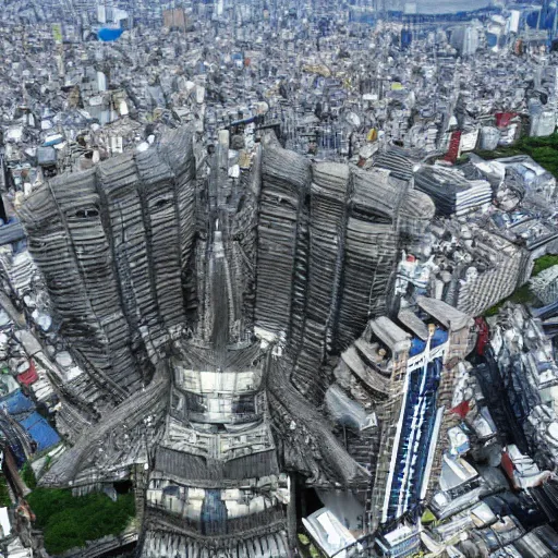 Prompt: aereal view of a giant kaiju in tokyo