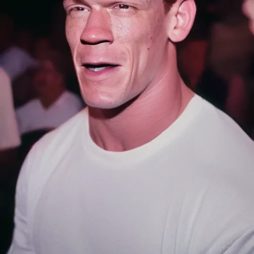 Image similar to A Medium shot of a John Cena face, captured in low light with a soft focus. There is a gentle pink hue to the image, and the John cena’s features are lightly blurred. Cinestill 800t
