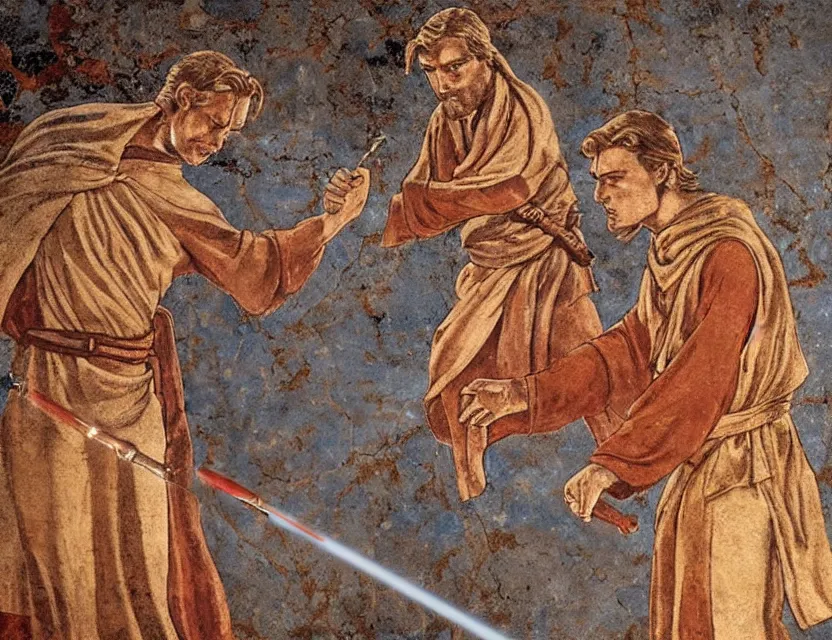 Image similar to ancient roman fresco depicting obi - wan kenobi and anakin's duel on mustafar