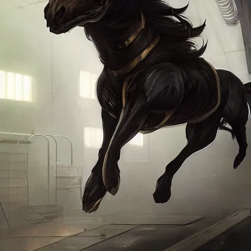 Image similar to splash art of a hyper - muscular black - coated anthropomorphic horse character in a research facility wearing a combat kevlar outfit, long hair, exaggerated muscles, highly detailed, furry, furaffinity, digital painting, artstation, sharp focus, illustration, art by artgerm, greg rutkowski, alphonse mucha