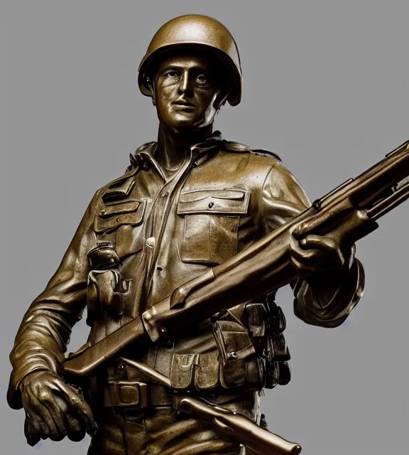 Prompt: a 4 k photorealistic photo medium shot of a bronze statue of an american soldier holding a rifle