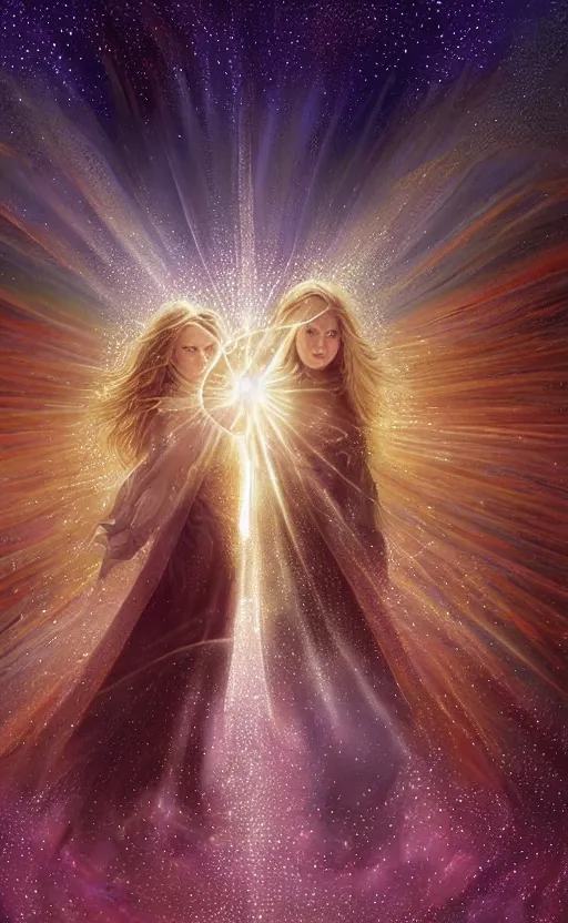 Prompt: peaceful uncertainty of saying goodbye, crossing over the spiritual veil to heaven, sharp focus, intricate, elegant, digital painting, artstation, matte, highly detailed, concept art, illustration, volumetric lighting, gold and blue and pink color scheme, bokeh light, art by greg olsen and liz lemon swindle