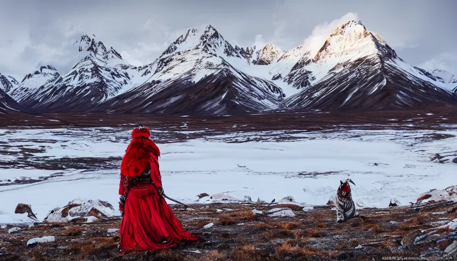 Image similar to a photo - realistic arctic landscape in wide angle, majestic snow - topped mountains in the background, a tiger and an indian warrior woman ( intricate armor in earthern red ) in the foreground, predominantly colors, wide angle, 1 8 mm, depth of field, early morning light, moody, atmospheric, 8 k, national geographic