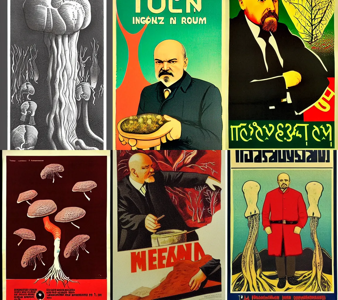 Prompt: lenin as mushrum, fungus, scheme, root system, soviet poster, 1 9 2 0, tovarish