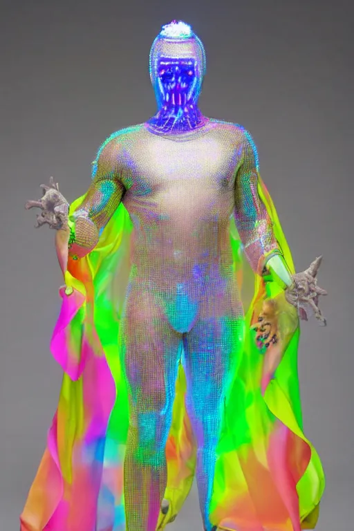 Prompt: full-body baroque and cyberpunk glass sculpture of attractive muscular iridescent Nick Jonas as a humanoid deity wearing a thin see-through plastic hooded cloak sim roupa, posing like a superhero, glowing pink face, crown of white lasers, large diamonds, swirling black silk fabric. futuristic elements. oozing glowing liquid, full-length view. space robots. human skulls. throne made of bones, intricate artwork by caravaggio. Trending on artstation, octane render, cinematic lighting from the right, hyper realism, octane render, 8k, depth of field, 3D