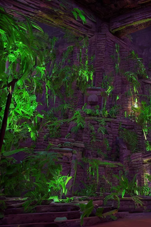 Prompt: a beautiful 3 d stylized interior scene of a dark ancient mayan temple with voodoo magic, green potions, vines, octane, unreal engine,