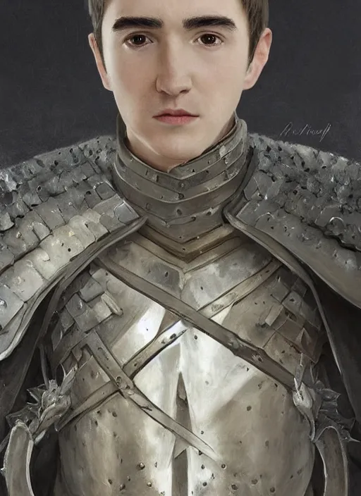 Prompt: a professional painting of Isaac Hempstead-Wright as King, clothed in ethereal armor, olive skin, long dark hair, beautiful bone structure, symmetrical facial features, intricate, elegant, digital painting, concept art, smooth, sharp focus, illustration, from Game of thrones, by Ruan Jia and Mandy Jurgens and Artgerm and William-Adolphe Bouguerea