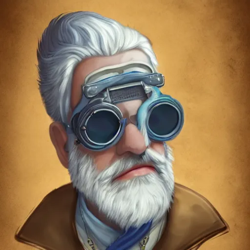 Image similar to a front-facing portrait of an old man with a grey beard and blue hair wearing steampunk goggles, dungeons and dragons character art, highly-detailed illustration, Artstation