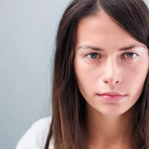 Image similar to Frontal portrait of a woman without distinct pupils: her eyes are entirely white.