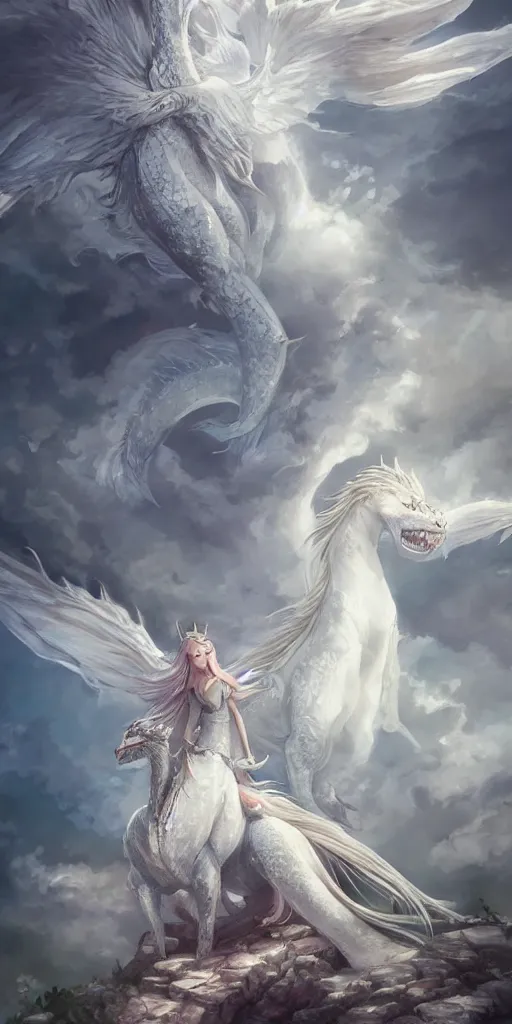 Image similar to the beautiful hyper detailed portrait render that a beautiful princess sitting on the back of a huge silver white dragon alone in fairyland surrounded by white clouds, finely detailed angelic face delicate features, style of studio ghibli, makoto shinkai, raphael lacoste, artgerm, james jean, ross tran, animation style, hd, ultra wide angle