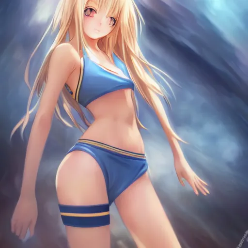 Image similar to a very beautiful young anime basketball girl crying, full body, long wavy blond hair, sky blue eyes, full round face, evil grin, bikini, miniskirt, front view, mid - shot, highly detailed, cinematic wallpaper by stanley artgerm lau