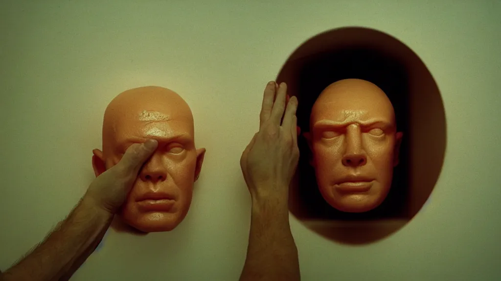 Image similar to the giant human head made of wax in our bathroom, film still from the movie directed by Wes Anderson with art direction by Zdzisław Beksiński, wide lens