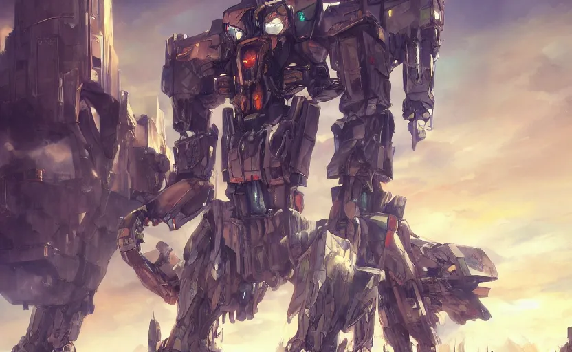 Prompt: a beautiful painting of a giant mech standing on a wooden tower while a battle ensues below, 4k anime wallpaper, trending on artstation