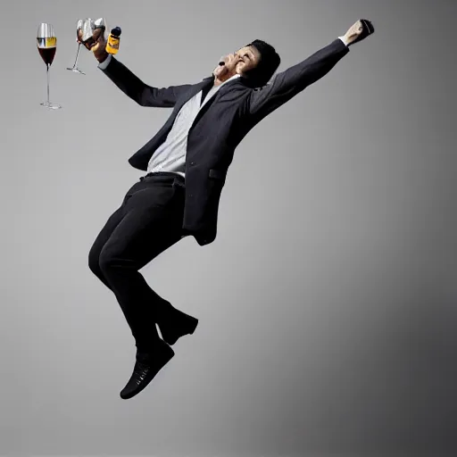 Image similar to an elgant detailed portrait of a male model boisterously dancing around the room by himself holding an empty wine bottle as he jumps in the air in a (warehouse), striking artistic concept, perfect composition, detailed facial expression, fine detail, dramatic lighting, award-winning photo UHD, 4K