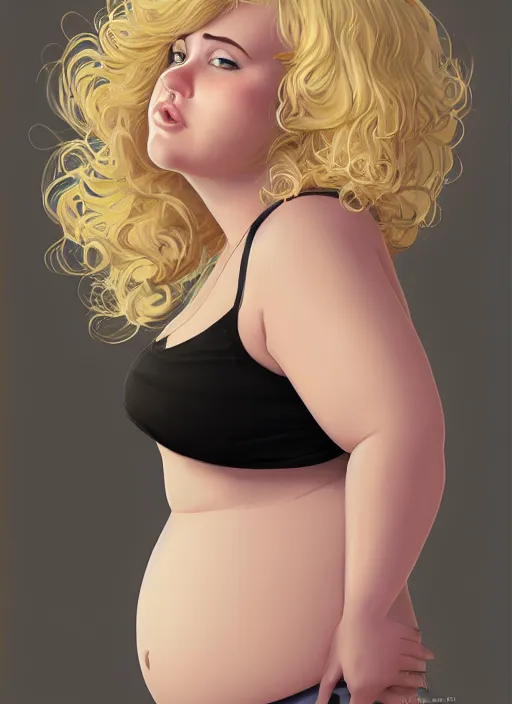 Image similar to full body portrait, teenage betty cooper, blonde hair, obese, bangs, ponytail, sultry, realistic, sultry smirk, fluffy bangs, curly bangs, fat, belly, beautiful girl, intricate, elegant, highly detailed, digital painting, artstation, concept art, smooth, sharp focus, illustration, art by wlop, mars ravelo and greg rutkowski