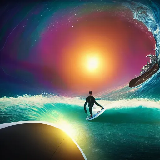 Image similar to photo of a alien surfing a surfboard on a crashing l wave of alien ocean in space, background is an alien galaxy, aliens in the background, alien colors, octane render, unreal engine, wide view, 8 k, high detaild