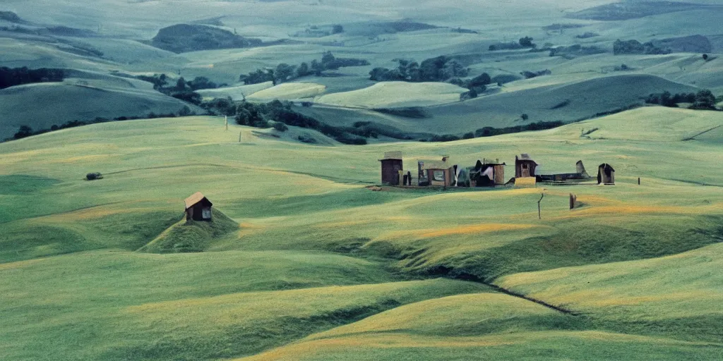 Prompt: A full color still from a Stanley Kubrick film featuring rolling green hills with windows, doors, and chimneys built into the hills, 35mm, 1975