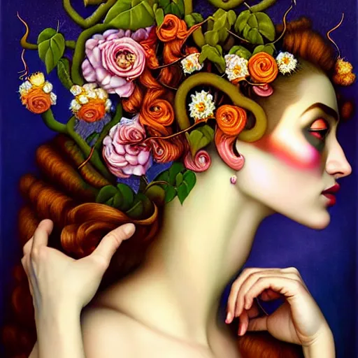 Image similar to dynamic composition, a painting of woman with hair of ( summer flowers )!! and vines wearing ornate earrings, ornate gilded details, a surrealist painting by tom bagshaw and jacek yerga and tamara de lempicka and jesse king, featured on cgsociety, pop surrealism, surrealist, dramatic lighting, wiccan, pre - raphaelite