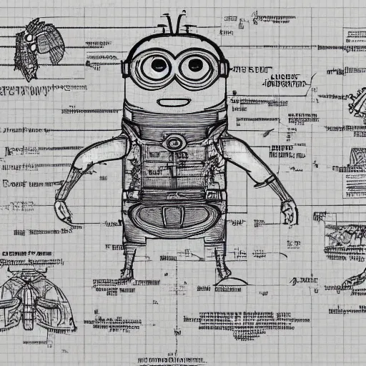 Prompt: anatomy of a minion on a blueprint, intricate detailed,