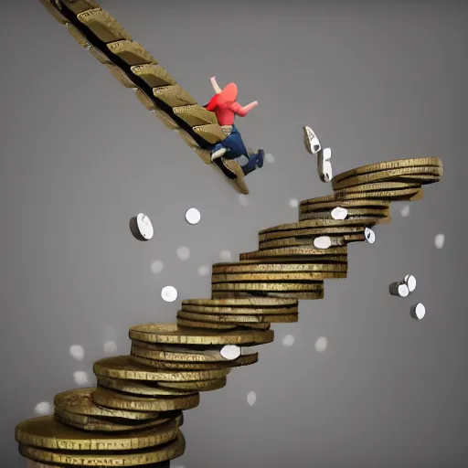 Image similar to Man falling down stairs with hundreds of coins shooting out of him, low poly, 3d, raytraced, soft shadows, detailed, 4k