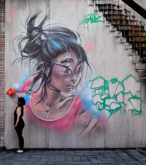 Image similar to Japanese girl, spray painted graffiti, perspective chalk art pastiche by Dan Witz, Jun Ito and Dan Mumford, cel-shaded, thick ink lines