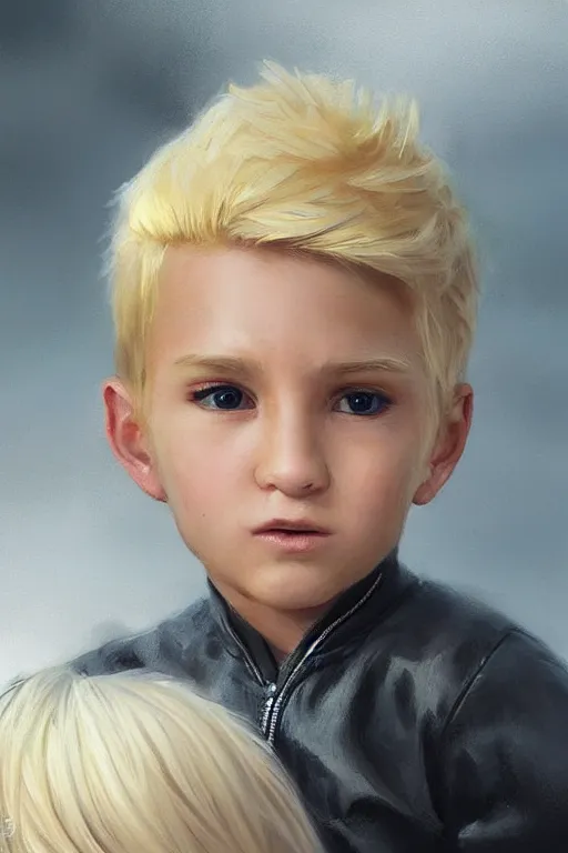 Image similar to a little boy with a michievous face and blonde hair. he is dressed as a superhero. clean elegant painting, beautiful detailed face. by artgerm and greg rutkowski