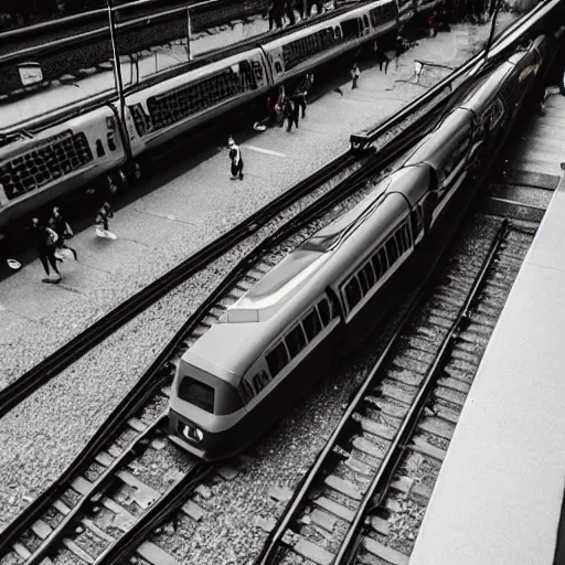 Image similar to of an octopus invading a train station, people are running away scared, shutter speed is 8 0,