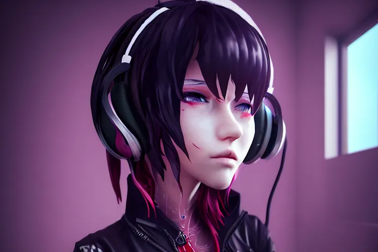 Image similar to a girl with headphones is looking at a rainy window in the style of a code vein character creation, cyberpunk art by Yuumei, cg society contest winner, rayonism light effects and bokeh, daz3d, vaporwave, deviantart hd , the secret world