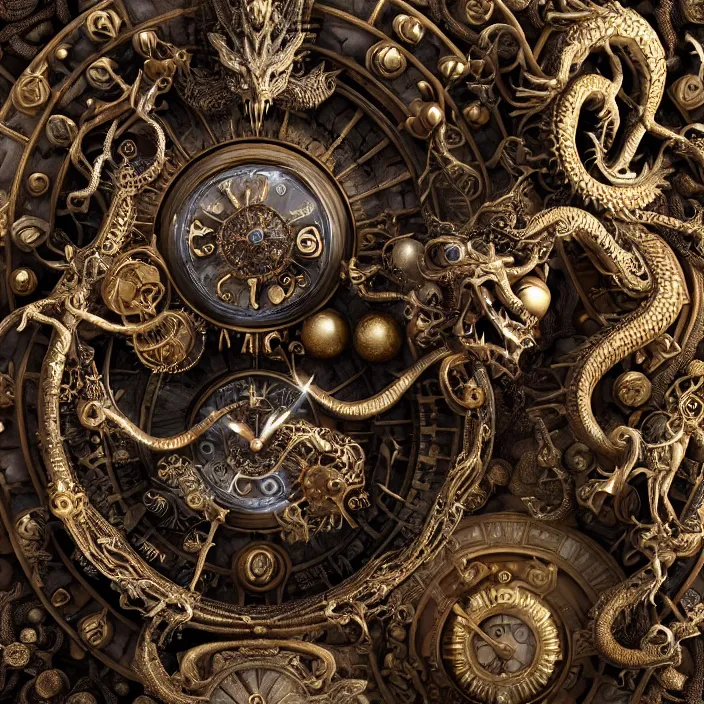 Prompt: highly detailed ancient clockwork artifact depicting a dragon made of bronze and ivory and encrusted with precious jewels, beautiful patina, ethereal, esoteric, zbrush sculpt, octane render, intricate, ornate, cinematic lighting, hyperrealistic, ancient steampunk vibe